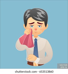 Vector - cartoon funny Crying Businessman Wipes his Tears with a Handkerchief illustration