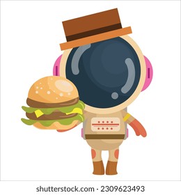 vector cartoon of funny and cute astronaut standing holding a burger