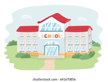 Vector cartoon funny cute illustration of a modern school. Isolated object on white background