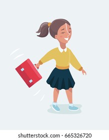 Vector cartoon funny cute illustration of happy schoolgirl with a backpack going to school