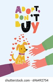 Vector Cartoon Funny Cute Illustration Of Human Hands With Puppy In His Hands. One Person Give Dogs To Another. Adopt, Don't Buy Hand Drawn Lettering. International Homeless Animals Day.