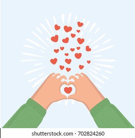 Vector cartoon funny cute illustration of hands palm sign heart. Symbol of love. Isolated object on white background