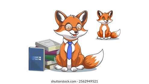 Vector cartoon funny cute sitting scientist fox in glasses, in blue tie and with stack of thick books. Diligent smart schoolboy or student. Toon animal. Study of sciences.