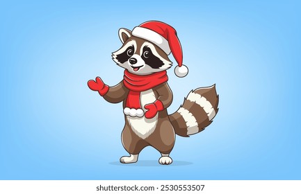 Vector de dibujos animados divertido lindo mapache sonriente de pie en sus patas traseras en mitones, bufanda roja y sombrero de Santa Claus. Felices Navidades y Feliz Año Nuevo. Fondo azul claro.