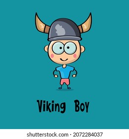 caricatura vectorial lindo viking boy divertido con casco viking aislado en fondo verde.muchacho con concepto vectorial de casco viking. 