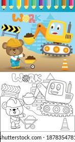 Vector cartoon of funny digger with a little bear in worker costume, coloring book or page