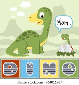 Vector cartoon of funny dinosaur with it baby on mountain background