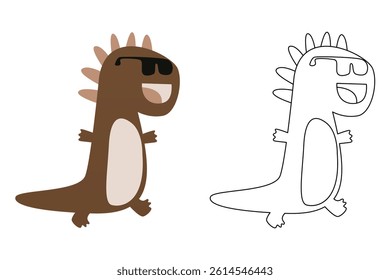 Vector cartoon of funny dinosaur, coloring book or page. Cute dino character coloring sheet