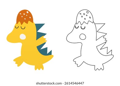 Vector cartoon of funny dinosaur, coloring book or page. Cute dino character coloring sheet