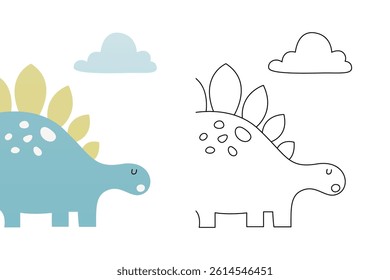 Vector cartoon of funny dinosaur, coloring book or page. Cute dino character coloring sheet
