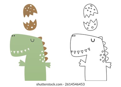 Vector cartoon of funny dinosaur, coloring book or page. Cute dino character coloring sheet