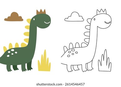 Vector cartoon of funny dinosaur, coloring book or page. Cute dino character coloring sheet