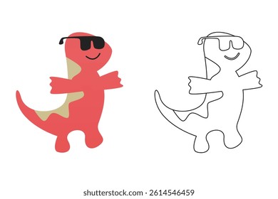 Vector cartoon of funny dinosaur, coloring book or page. Cute dino character coloring sheet