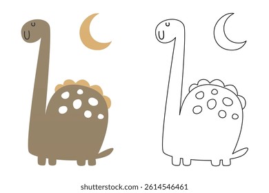 Vector cartoon of funny dinosaur, coloring book or page. Cute dino character coloring sheet