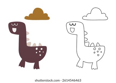 Vector cartoon of funny dinosaur, coloring book or page. Cute dino character coloring sheet
