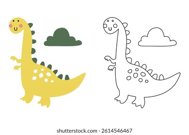 Vector cartoon of funny dinosaur, coloring book or page. Cute dino character coloring sheet