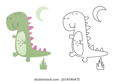 Vector cartoon of funny dinosaur, coloring book or page. Cute dino character coloring sheet