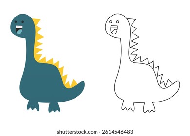 Vector cartoon of funny dinosaur, coloring book or page. Cute dino character coloring sheet