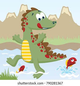 vector cartoon of funny dinosaur trying to catch fish on volcanoes background