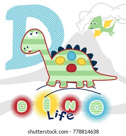 vector cartoon of funny dinosaurs on volcano eruption background