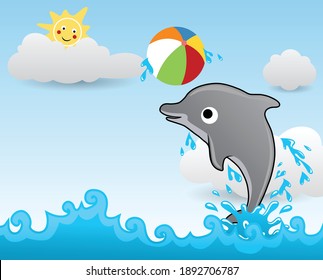 Vector cartoon of funny dolphin playing colorful ball in the sea at summer time