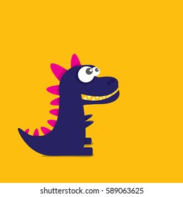 Vector cartoon funny dragon. Cartoon cute monster Dinosaur isolated on orange background.