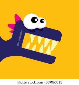 Vector cartoon funny dragon. Cartoon cute monster Dinosaur isolated on orange background.