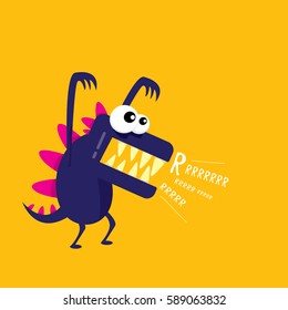 Vector cartoon funny dragon. Cartoon cute monster Dinosaur isolated on orange background.