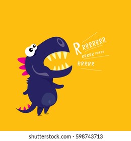 Vector cartoon funny dragon. Cartoon cute monster Dinosaur isolated on orange background.