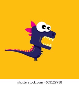 Vector cartoon funny dragon. Cartoon cute monster Dinosaur isolated on orange background.