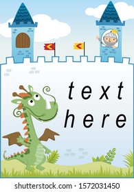 Vector cartoon of funny dragon with knight in castle, text template with fairytale elements illustration