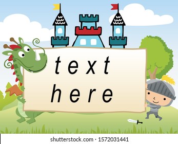 Vector cartoon of funny dragon with little knight holding a banner, fairytale elements cartoon