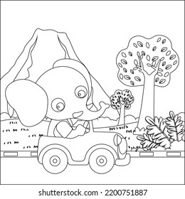 Vector cartoon of funny elephant driving car in the junggle. Cartoon isolated vector illustration, Creative vector Childish design for kids activity colouring book or page.
