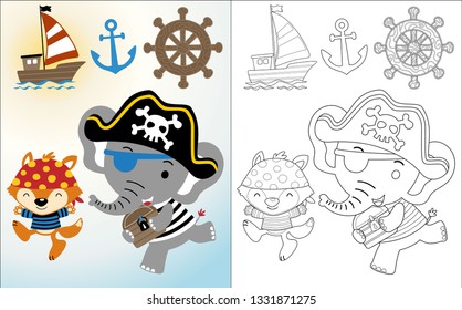 Vector cartoon of funny elephant with fox in pirate costume, pirate element illustration, coloring book or page