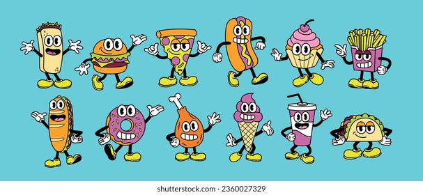 Vector Cartoon Funny Fast Food Characters Mascots Set Isolated