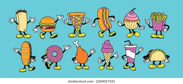 Vector Cartoon Funny Fast Food Characters Mascots Set Isolated