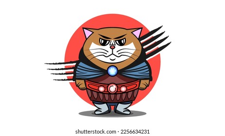 Vector cartoon funny fat ginger cat super hero in a cape, clothes and boots on with a red circle on a white background.