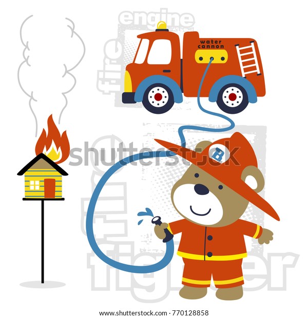 vector\
cartoon of funny fireman with fire truck in a\
duty