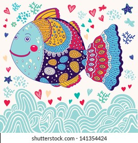 Vector cartoon funny fish. Underwater life. Holiday card