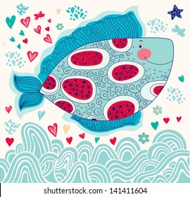 Vector cartoon funny fish. Underwater life. Holiday card