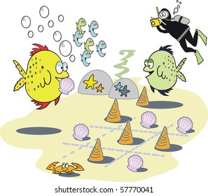 Vector cartoon of funny fishes playing games underwater.