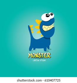 Vector cartoon funny and friendly blue dragon with big eyes. Cartoon cute comic funky monster Dinosaur logo design template.