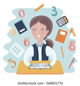 Vector cartoon funny frightened little girl in school at the desk