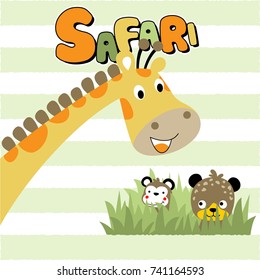 vector cartoon of funny giraffe with leopard and monkey