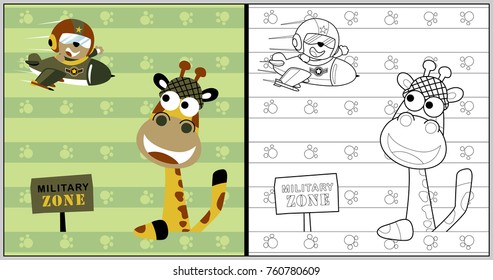 vector cartoon of funny giraffe with little bear on airplane, coloring book or page