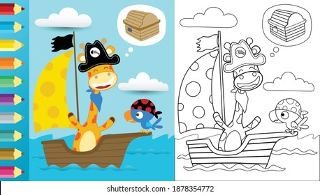 Caricatura vectorial de divertidos piratas en velero, jirafa y tesoro para la caza de aves, libro o página de color