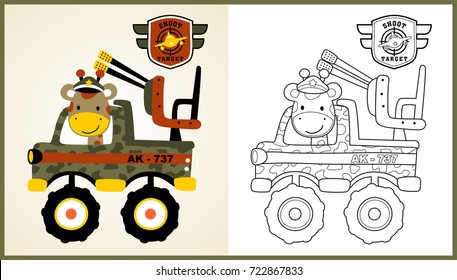 vector cartoon of funny giraffe soldier on military truck, coloring page or book