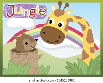 Vector cartoon of funny giraffe with squirrel on rainbow background
