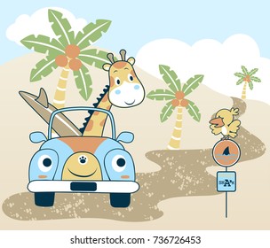 vector cartoon of Funny giraffe with surfboard on car, cute bird on signpost