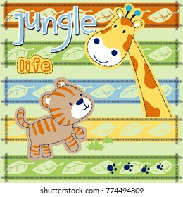 Vector cartoon of funny giraffe with tiger on colorful striped leaves background